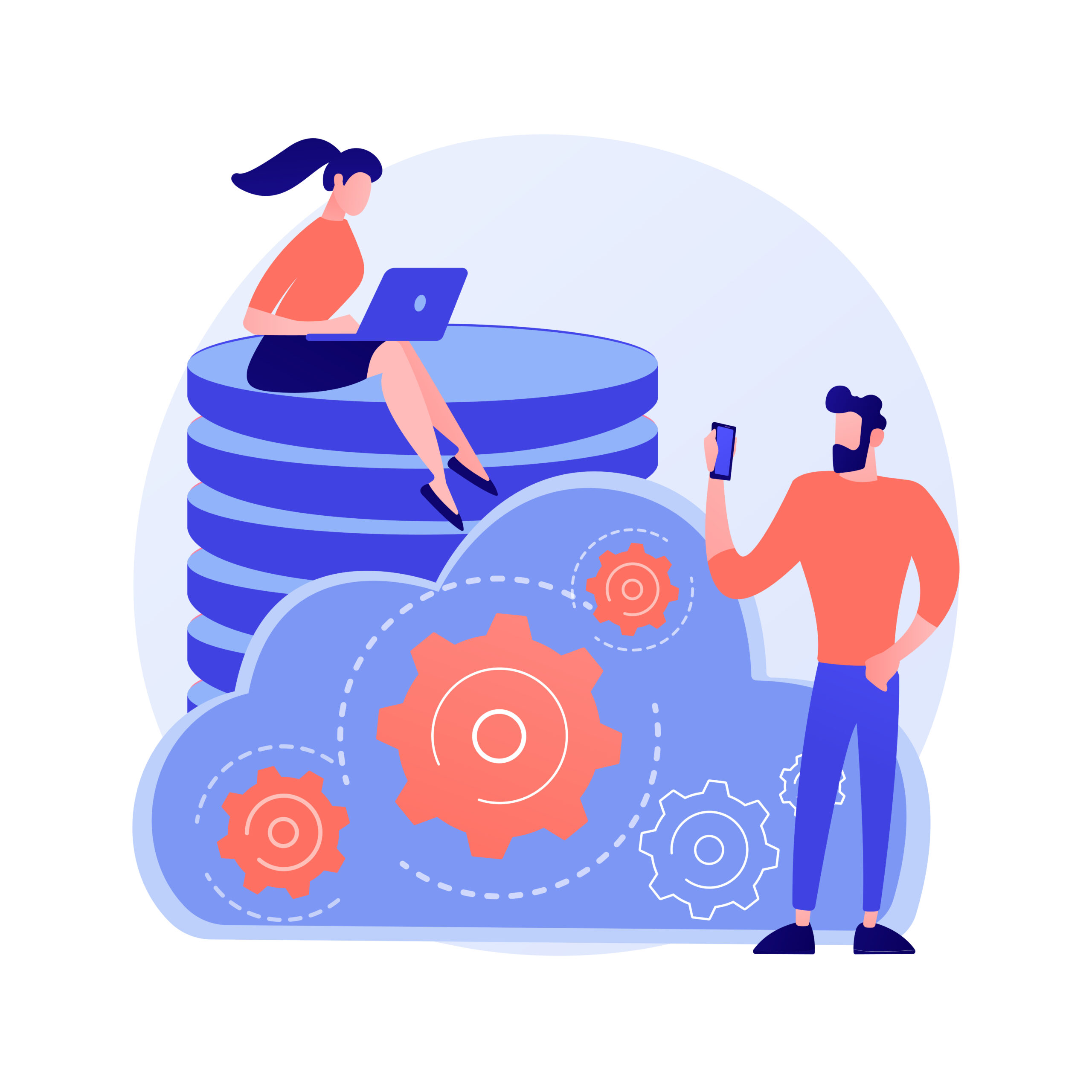 Data management. Collective database tower. People share commonplace. Centralized mainframe, widespread info, stored files. Custom regulation. Vector isolated concept metaphor illustration.